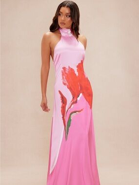 Fashion Nova Pink Halter Maxi Dress with Red Floral Accent